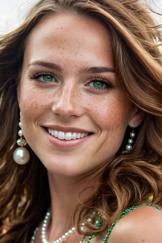 shantel vansanten close up hyperdetailed photograph: A young Smiling Freckles brunette, green eyes, wind-blown long hair, pearl necklace; dramatic lighting, cinematic colors; hyper-above