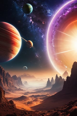 Fantasy image of space with mutliple planets and light ray 