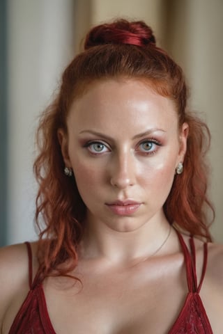 Portrait Photo a portrait,  hyperdetailed photography,  by Elizabeth Polunin,  red haired young woman, Gianna Michaels,  brooklyn,  looking straight to camera,  sweaty,  olya bossak,  nepal,  very accurate photo,  suspiria