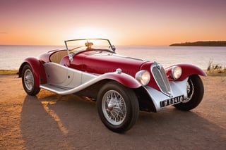 Photo of a Car, inspired by Thomas Häfner, roadster, summer setting, crimson, rays, silver crown, sundown, tail, foam