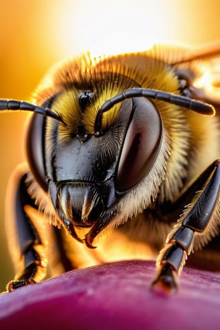Intricate Macro photo of the eyes of bee, backlit, sunset