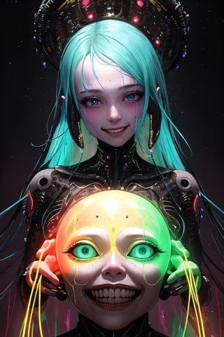 impossibly beautiful portrait of alien shapeshifter entity, insane smile, intricate complexity, surreal horror, inverted neon rainbow drip paint, trending on art station, photoreal, 8 k, octane render by greg rutkowski
