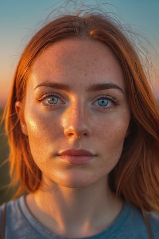 Portrait Photo by Tobias Stimmer, sunset glow around head, camera angle looking up at her, freckle, 4k post, red eyes glowing, 300mm, orange and blue, my pov