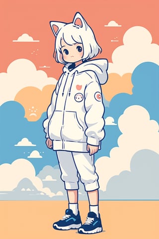 style of Chiho Aoshima, adorable, cute, a boy, cat ears, white hair, white hoody on, full body, warm colors, simple white background, in clouds, Illustration, cover art, japan, minimalistic,cutestickers