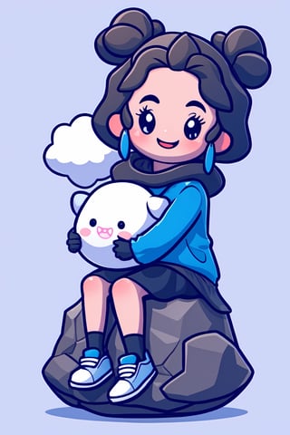 style of Mike Mignola, a cute girl, sitting on cloud, cold colors, simple background, artstation, stickerbomb, USA, 2d render, cutestickers