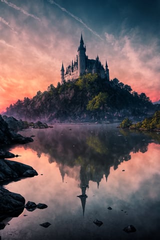 Capture the enchantment of a magical castle, reminiscent of the iconic Harry Potter universe. The castle should possess intricate Gothic architecture, with soaring towers, pointed arches, and whimsical turrets. Its façade is adorned with ivy-covered walls, giving it an ancient and mysterious aura. Imagine half of the castle submerged beneath the crystal-clear waters of a serene lake, creating a breathtaking reflection. The underwater portion should be visible through the translucent water, revealing the castle's submerged chambers and magical underwater gardens teeming with vibrant aquatic life. The scene is illuminated by the soft, ethereal light of the setting sun, casting a warm glow across the water's surface and highlighting the castle's enchanting features. Capture this magical moment with the exquisite detail of a high-quality camera, using a wide-angle lens to encompass the grandeur of the castle and its watery surroundings. Opt for a medium format digital camera to ensure maximum clarity and resolution. Set your aperture to f/8 to maintain sharpness and depth, and use a shutter speed of 1/100s to capture the serene water and its gentle ripples. For the perfect finishing touch, apply a subtle HDR effect in post-processing to emphasize the vibrant colors and intricate textures of this fantastical scene. Your image should encapsulate the awe and wonder of this hidden magical world, where land and water coalesce in a mesmerizing dance of architecture and nature,hyperanim,toitoistyle