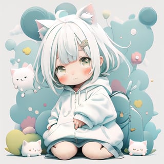 style of Chiho Aoshima, adorable, cute, a girl, cat ears, white hair, white hoody on, full body, warm colors, simple white background, in clouds, Illustration, cover art, japan, minimalistic, eguchistyle,toitoistyle,cutestickers