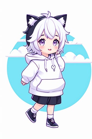 style of Chiho Aoshima, adorable, cute, a boy, cat ears, white hair, white hoody on, full body, warm colors, simple white background, in clouds, Illustration, cover art, japan, minimalistic, eguchistyle,toitoistyle,cutestickers