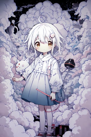 style of Chiho Aoshima, adorable, cute, a girl, white hair, puffy dress, full body, warm colors, simple white background, in clouds, Illustration, cover art, japan, minimalistic, eguchistyle,toitoistyle