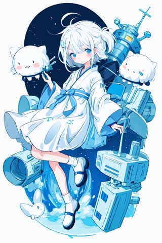 style of Chiho Aoshima, cute, a girl, white hair, puffy dress, full body, blue hue, simple white background, Illustration, Ink, japan, minimalistic, eguchistyle