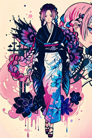 style of Jeremiah Ketner, from below, close up, 1girl, long braids, asymmetrical bob, kimono on, painted nails, serious, sweet theme, candy, sign, tiny cute follower, candyshop, ultradetailed background, intricate details, pastel color, poster, Illustration, Character Design, Watercolor, Ink, thematic background, japan, ambient enviroment, epic, candystyle,hyperanim