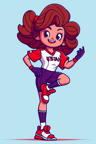 style of Mike Mignola, a cute girl, jumping, sports_uniform, pastel colors, simple background, artstation, cute shapes, USA, 2d render, cutestickers