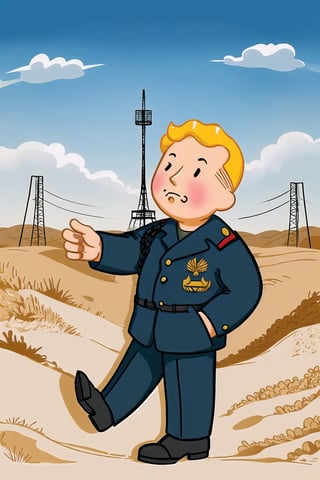 the boy shows nuke bomb, at the war field, style of Shepard Fairey, cartoon, soviet union, ussr
