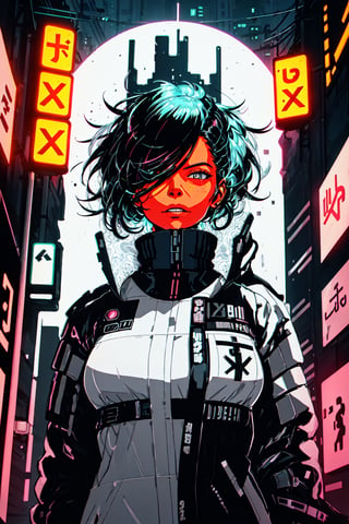 style of Laurie Greasley, iridescent, In the neon-lit cyberpunk cityscape, a stunningly beautiful girl stands amidst the technological marvels, clad in elegant white attire that glows faintly with neon accents. As the city's advanced machinery hums around her, she exudes an air of confidence and mystery, signs, symbols, beizu style