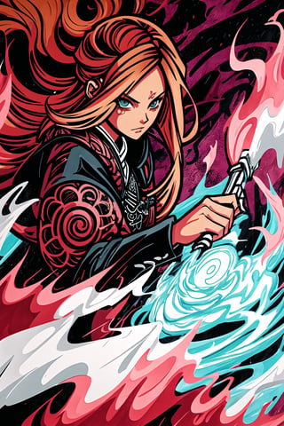 style of Jeremiah Ketner,warrior of the aegis, in the style of hauntingly beautiful illustrations, anime-inspired characters, red and bronze, swirling vortexes, lit kid, dreamy atmosphere, close up, ultradetailed background, intricate details, pastel color, poster, Illustration, Character Design, Watercolor, Ink, thematic background, japan, ambient enviroment, epic, candystyle,hyperanim, beizu style