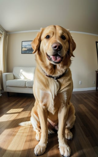 raw photo, best quality, photo of a golden retriever, funny dog, highly detailed, zoom, soft lighting, in living room, (fisheye lens). taken with gopro camera, instagram LUT