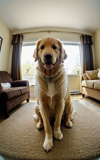 raw photo, best quality, photo of a golden retriever, funny dog, highly detailed, zoom, soft lighting, in living room, (fisheye lens). taken with gopro camera, instagram LUT