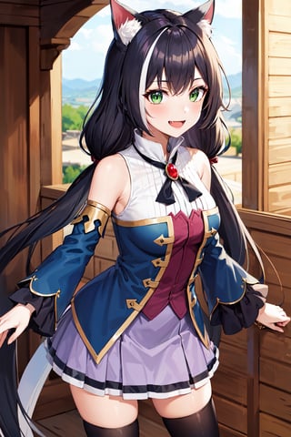 karylaa, two-tone hair, low twintails, green eyes, fang, cat tail, sleeveless shirt, bare shoulders, blue sleeves, jewelry, purple skirt, black thighhighs, smile, standing, cowboy shot