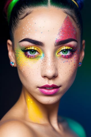 beautiful extra small lady, freckles, brilliant glitter makeup, (red and blue and yellow and green and vitiligo skin: 1.5), perfect sexy breasts, hyperdetailed photography, soft light, head and breast portrait, cover,, best quality, (detailed beautiful face, detail skin texture, ultra-detailed body:1.1)