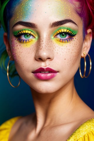beautiful extra small lady, freckles, brilliant glitter makeup, (red and blue and yellow and green and vitiligo skin: 1.5), perfect sexy breasts, hyperdetailed photography, soft light, head and breast portrait, cover,, best quality, (detailed beautiful face, detail skin texture, ultra-detailed body:1.1)
