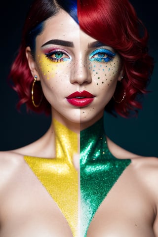 beautiful slim woman, freckles, brilliant glitter makeup, (red and blue and yellow and green and vitiligo skin: 1.5), perfect sexy breasts, hyperdetailed photography, soft light, head and breast portrait, cover,, best quality, (detailed beautiful face, detail skin texture, ultra-detailed body:1.1)
