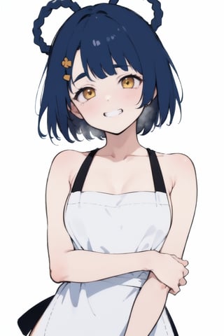 (finely best quality illustration:1.2), (kawaii girl:1.1), (1girl, solo:1.0), (xianglingrnd:1.0), (blue short hair:1.0), (yellow eyes:1.0), ((naked apron:1.0), (naked apron:1.0), (naked apron:1.0), bare shoulders, bare arms, thighs:1.0), (small breasts:1.0), ((smug grin:1.0), (blush:0.9), (embarrassed:0.9):1.0), (upper body:1.0), (white background, simple background:1.0), (ultra-detailed, highres:1.0), (nsfw:1.0),