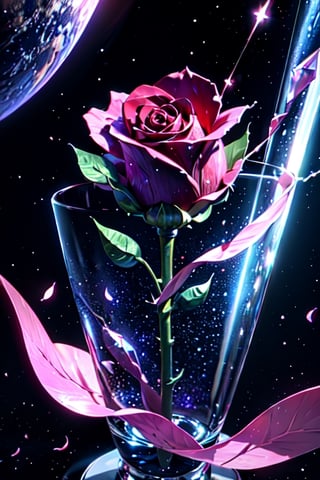 Single glass rose, thorns, petals of glass, sparkling like diamond, light reflections, bright, shining, intricately detailed, color depth, Epic cinematic, brilliant lighting, cosmic background, shooting stars, galaxy 