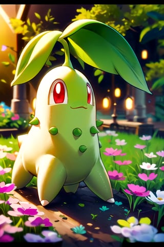 centered, award winning photo, (looking at viewer:1.2), | Chikorita_Pokemon,| garden, flowers, | bokeh, depth of field, cinematic composition, | 