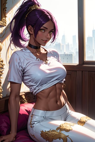 Shihouin Yoruichi,purple hair,yellow eyes, ultra realistic 8k cg, masterpiece, ((ultra detailed background, brown skin tone, delicate pattern, intricate detail)), (highly detailed, fine details), best quality, 1girl, (photorealistic:1.4),beautiful lighting, absurdres, RAW photo, film grain, complex detailed background, room background, room environment, solo, 1girl, smile, tan skin, facing viewer, hands behind back, smiling, ((medium breasts, muscular toned body) ), dark purple hair, ponytail, white yoga pants, tight shirt, open chest thighhighs, choker, white clothes with gold and pink accents