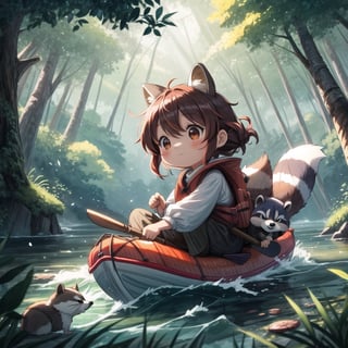 style of Beatrix Potter, a chibi in kayak, paddling on the Amazon river, , lifejacket, cute chibi girl, racoon ears, red hair, super cute, raging white river rafting, rocky, trees on shore, surrounded by trees, happy, cute pet racoon, chibi racoon, dynamic pose, bokeh, sunrise, blue sky, , epic look, cinematic, crows, movie poster, depth of field, scenery, tracers, light particles, cosy background, warm color, Illustration, Character Design, Watercolor, Ink, oil, thematic background, ambient enviroment, epic