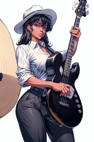 Masterpiece, best quality, highres, 8k resolution ,1girl,  jazz player, girl in a fedora, cool jazz vibes, black suit pants, white shirt, rolled up sleeves, big bright eyes, clear background, white background,(masterpiece, absurdres), , absurdres, bass guitar case, smooth jazz, gold accents