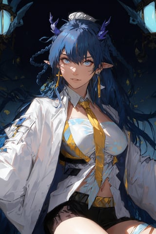 masterpiece, best quality, 1girl, bangs, blue_eyes, blue_hair, blue_necktie, braid, breasts,earrings, horns, jacket, jewelry, long_hair, long_sleeves, looking_at_viewer, necktie, official_alternate_costume, pointy_ears, shirt, solo, white_shirt,upper body,bare legs, bandaged leg