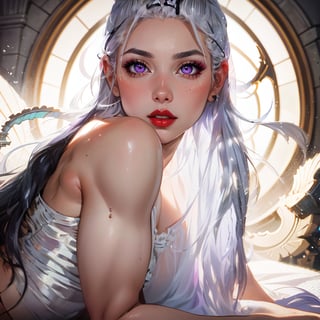 (masterpiece), best quality, expressive eyes,1girl, solo girl, perfect face, looking at viewer, ((portrait)),  portrait, mature female, solo, lipstick, red lips, makeup, black hair, long hair, very long hair,  sultry expression, (masterpiece, absurdres,) , purple eyes, white hair, white eyebrows, white silver hair