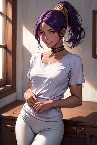 Shihouin Yoruichi,purple hair,yellow eyes, ultra realistic 8k cg, masterpiece, ((ultra detailed background, brown skin tone, delicate pattern, intricate detail)), (highly detailed, fine details), best quality, 1girl, (photorealistic:1.4),beautiful lighting, absurdres, RAW photo, film grain, complex detailed background, room background, room environment, solo, 1girl, smile, tan skin, facing viewer, hands behind back, smiling, ((medium breasts, muscular toned body) ), dark purple hair, ponytail, white yoga pants, tight shirt, open chest thighhighs, choker, white clothes with gold and pink accents