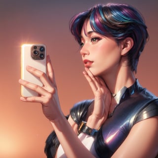 Side view, girl taking selfie, short multicolored hair, fair skin, beautiful symmetrical face, glossy picture, red lips, beautiful eyes, model, rosy cheeks, long slender fingers, looking at viewer, perfect quality, perfect proportions, brilliant lighting, hand under chin