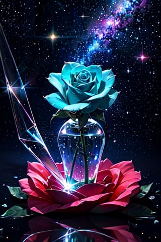 Single glass rose, thorns, petals of glass, sparkling like diamond, light reflections, bright, shining, intricately detailed, color depth, Epic cinematic, brilliant lighting, cosmic background, shooting stars, galaxy 