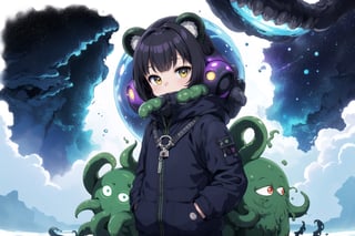 Chibi girl in a spacesuit left frame, cute racoon ears, award winning cinematic, a chibi girl with racoon ears standing in front of a Giant cthulhu monster, tentacle on face, ominous cthulhu, | fantasy colors, sky full of stars, night, spaceship on the ocean, low hanging fog, lovecraft inspired, key anime Visual by kentaro Miura, alien planet, alien world, trippy colors, | bokeh, depht of field,