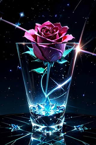 Single glass rose, thorns, petals of glass, sparkling like diamond, light reflections, bright, shining, intricately detailed, color depth, Epic cinematic, brilliant lighting, cosmic background, shooting stars, galaxy 