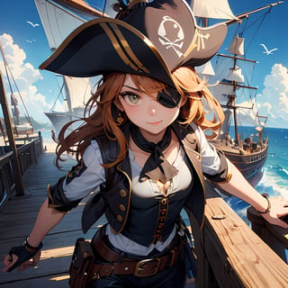 shadow flat vector art, (cat illustration,portrait),(best quality,4k,highres,masterpiece:1.2),ultra-detailed,vivid colors,bokeh,light painting,soft lighting, cat dressed as a pirate, (eyepatch:1.2), leather high boots, baggy shirt, leather adventure vest, pirate clothing, pirate ship background, ocean, bright blue sky, giant pirate ship background, flintlock pistol, cannons background, 
