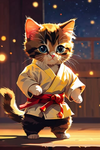 shadow flat vector art, (kitten illustration,portrait),(best quality,4k,highres,masterpiece:1.2),ultra-detailed,vivid colors,bokeh,light painting,soft lighting, kitten dressed as karate master, karate clothes, headband, cat in dojo, cute kitten, big eyes, sparkling, starry night