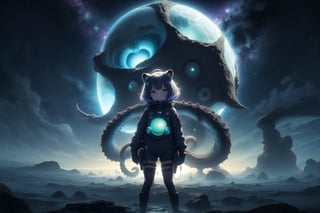 Chibi girl in a spacesuit left frame, cute racoon ears, award winning cinematic, a chibi girl with racoon ears standing in front of a Giant cthulhu monster, tentacle on face, ominous cthulhu, | fantasy colors, sky full of stars, night, spaceship on the ocean, low hanging fog, lovecraft inspired, key anime Visual by kentaro Miura, alien planet, alien world, trippy colors, | bokeh, depht of field,
