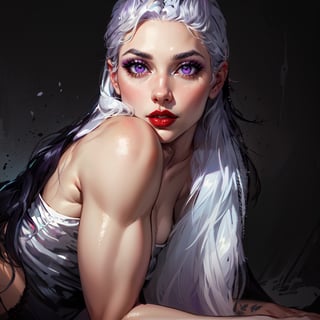 (masterpiece), best quality, expressive eyes,1girl, solo girl, perfect face, looking at viewer, ((portrait)),  portrait, mature female, solo, lipstick, red lips, makeup, black hair, long hair, very long hair,  sultry expression, (masterpiece, absurdres,) , purple eyes, white hair, white eyebrows, white silver hair