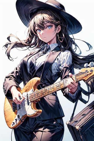 Masterpiece, best quality, highres, 8k resolution ,1girl,  jazz player, girl in a fedora, cool jazz vibes, black suit pants, white shirt, rolled up sleeves, big bright eyes, clear background, white background,(masterpiece, absurdres), , absurdres, bass guitar case, smooth jazz, gold accents