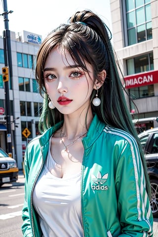 /bright green hair,/ young, jacket, long hair, 1girl, 19 years old, mature, lipstick, cute, adidas, earrings, fashon