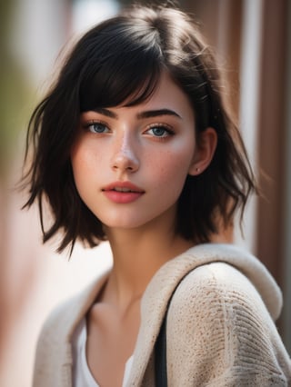 photo of beautiful age 18 girl, short black hair, freckles, sexy, beautiful,  dslr, 8k, 4k, ultrarealistic, realistic, natural skin, textured skin