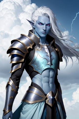 masterpiece, best quality, greg rutkowski, 

Dungeons and Dragons Air Genasi, Paladin, Portrait from Waistline to Top of Head, Male with Wispy Grey Hair with Baby Blue Highlights, male, pointy Ears, Long Length Male Hair, Heterochromia Grey Eye and Green Eye, Storm in Background, Sharp Image Detail, Light Blue and Silver Armor, (Colored Skin, Blue Skin:1.2)

, very detailed, high resolution, sharp, sharp image, 4k, 8k,