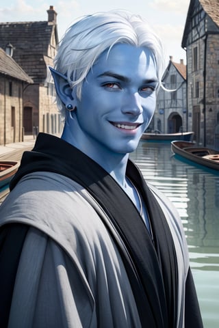 masterpiece, realistic, (photorealistic:1.4), outdoors, medieval town, 1boy, solo, male focus, (blue skin, colored skin), pointy ears, white hair, grey hair, aqua hair, jewelry, earrings, black robes, mischievous (smile), short hair, ((floating hair)), portrait, glowing hair, ((very young)) 