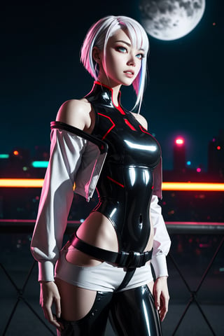 masterpiece, (photorealistic:1.4), best quality, beautiful lighting, (ulzzang-6500:0.5), lucy \(cyberpunk\), 1girl, white hair, against railing, arm rest, bangs, bare shoulders, belt, black belt, black leotard, black pants, blurry, bob cut, breasts, building, cityscape, clothing cutout, (cropped jacket), cyberpunk, depth of field, from side, gradient eyes, grey eyes, grey hair, white jacket, leotard, lips, long sleeves, looking afar, looking ahead, (mechanical parts), medium breasts, multicolored eyes, multicolored hair, night, night sky, off shoulder, open clothes, open jacket, outdoors, pants, parted lips, railing, red eyeliner, science fiction, short hair with long locks, short shorts, shorts, sidelocks, sky, solo, standing, teeth, thigh cutout, upper teeth only, white jacket, white shorts, cyberpunk \(series\), cyberpunk edgerunners, RAW photo, 8k uhd, film grain, cosplay, white wig, night, neon lights,,,, 