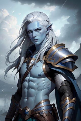 masterpiece, best quality, greg rutkowski, 

Portrait of male  Air Genasi, Paladin, Portrait from Waistline to Top of Head, Male with Wispy Grey Hair with Baby Blue Highlights, male, pointy Ears, Long Length Male Hair, Heterochromia Grey Eye and Green Eye, Storm in Background, Sharp Image Detail, Light Blue and Silver Armor, (Colored Skin, Blue Skin:1.2), Dungeons and Dragons, Greg Rutkowski

, very detailed, high resolution, sharp, sharp image, 4k, 8k,