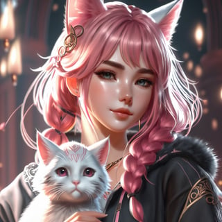 masterpiece, best quality, (1girl), WLOP, beautiful detailed eyes, looking at viewer, upper body, pink hair, shy, cat ears, very detailed, high resolution, sharp, sharp image, 4k, 8k,arcane